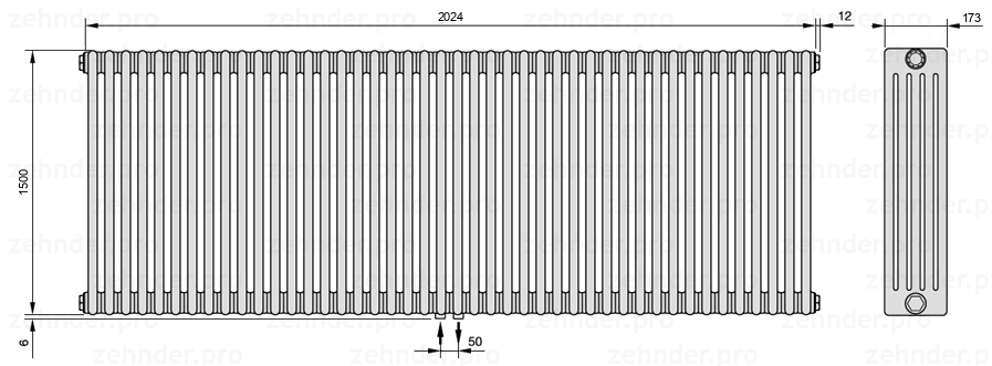 Схема (чертеж) Радиатор Zehnder Charleston 5150/44 №3470 Белый глянцевый RAL 9016